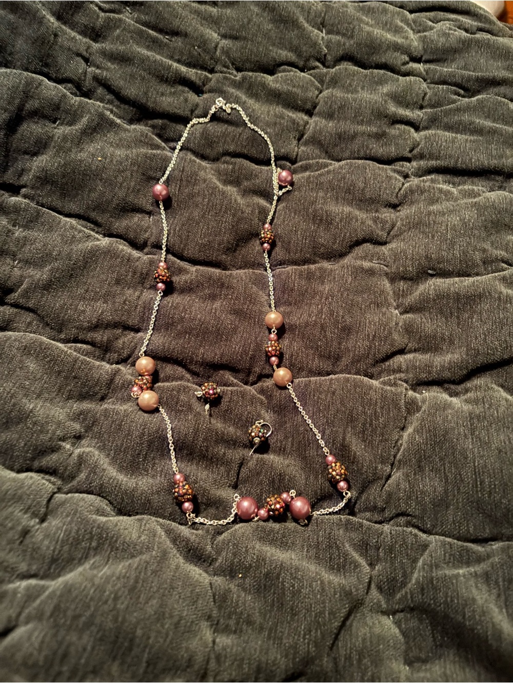 RMN Rose and Beaded Long Necklace with Matching Earrings